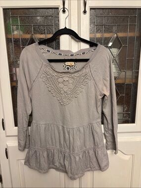 Meadow Rue Light Gray Crochet Yoke Long Sleeve Top